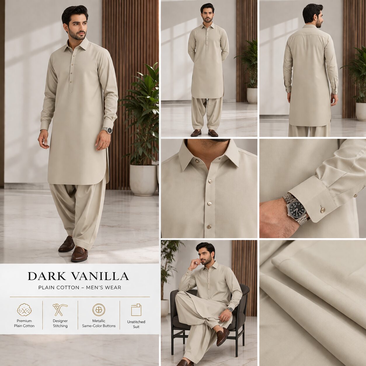 Dark Vanilla Plain Cotton for Men’s Wear - Image 3