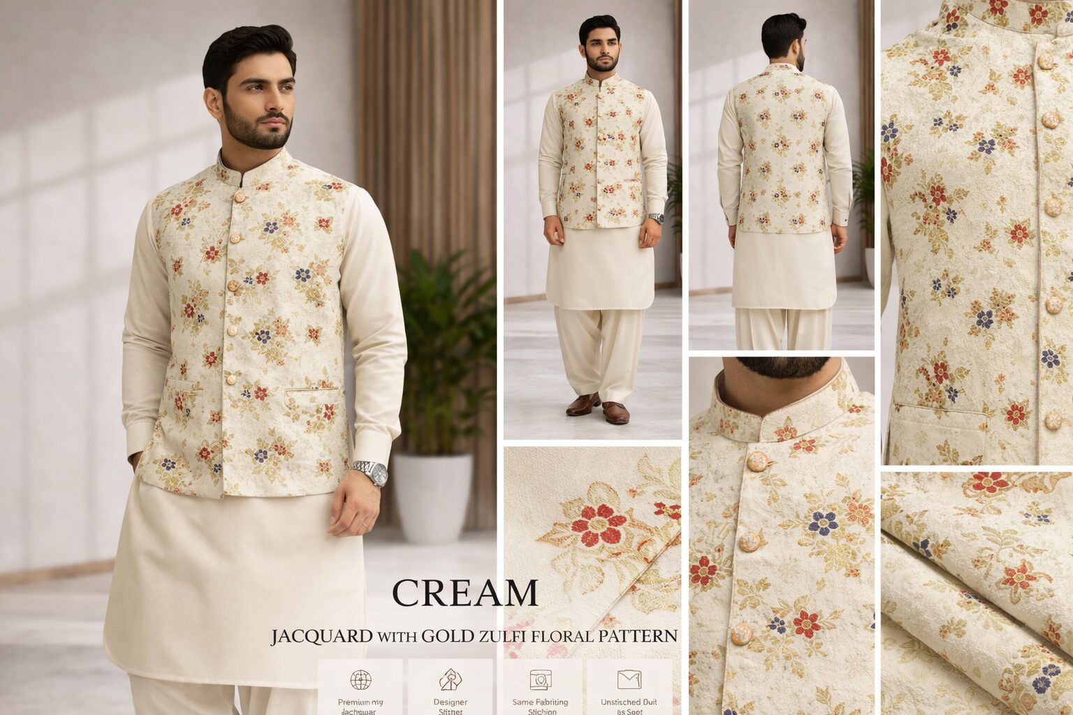 Cream Jacquard With Gold Zari Floral Pattern - Image 4