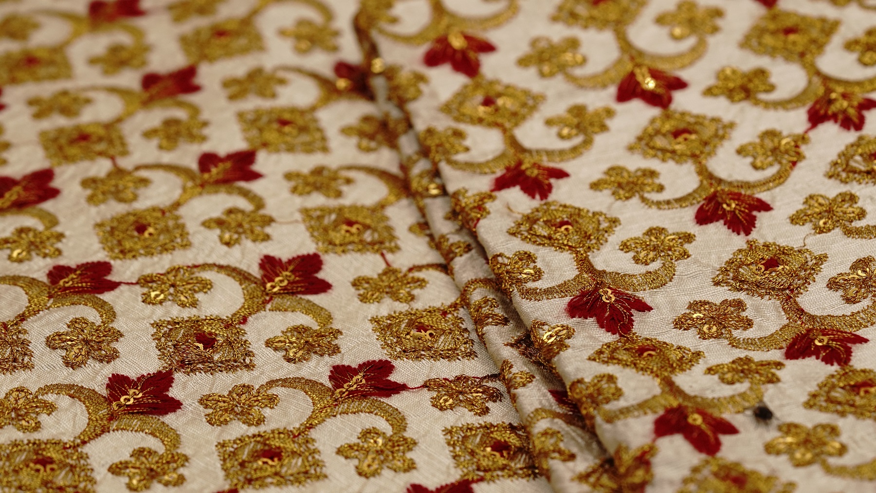 Ivory Silk With Gold & Scarlet Red Sequin Embroidery - Image 3