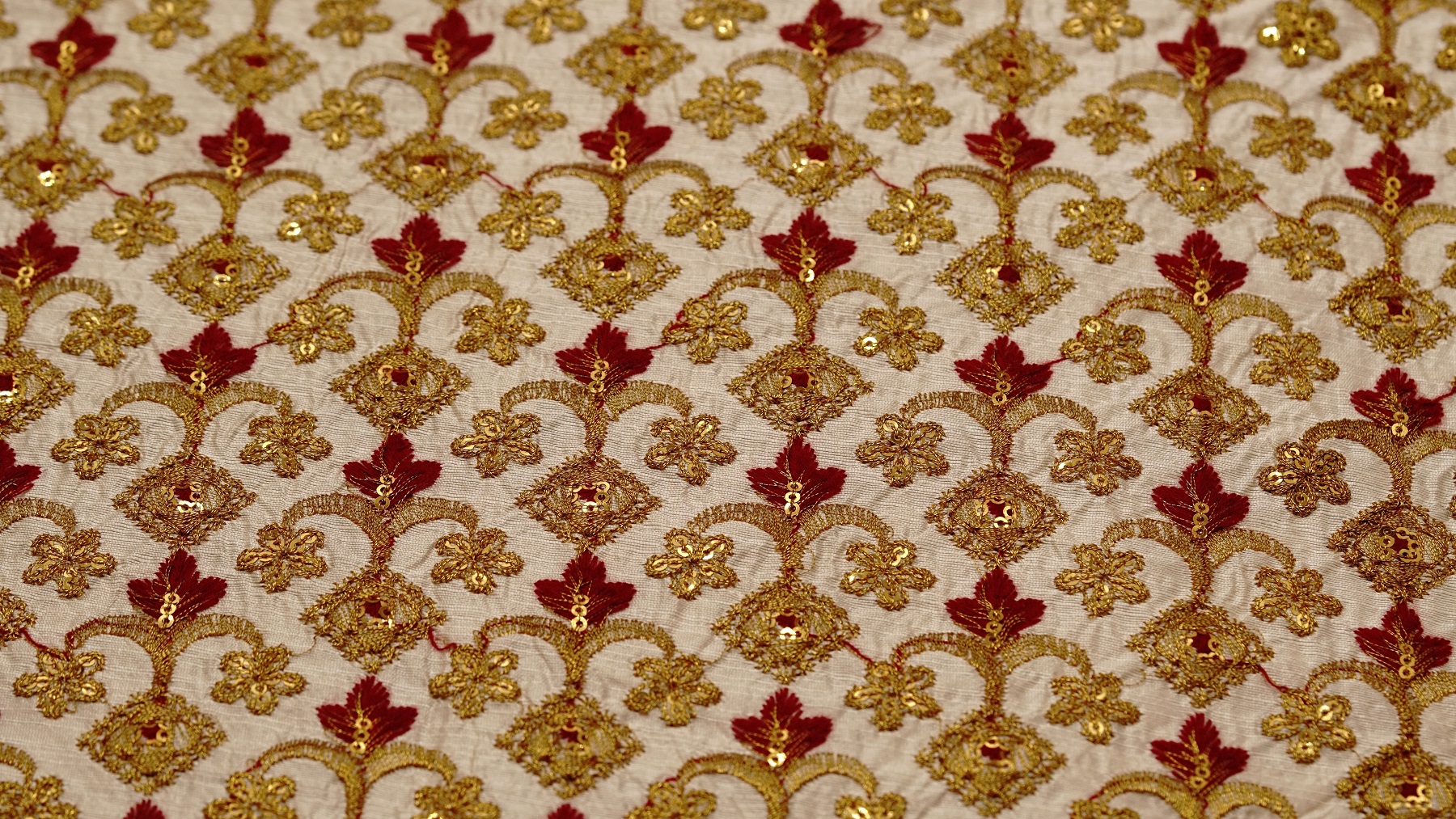 Ivory Silk With Gold & Scarlet Red Sequin Embroidery