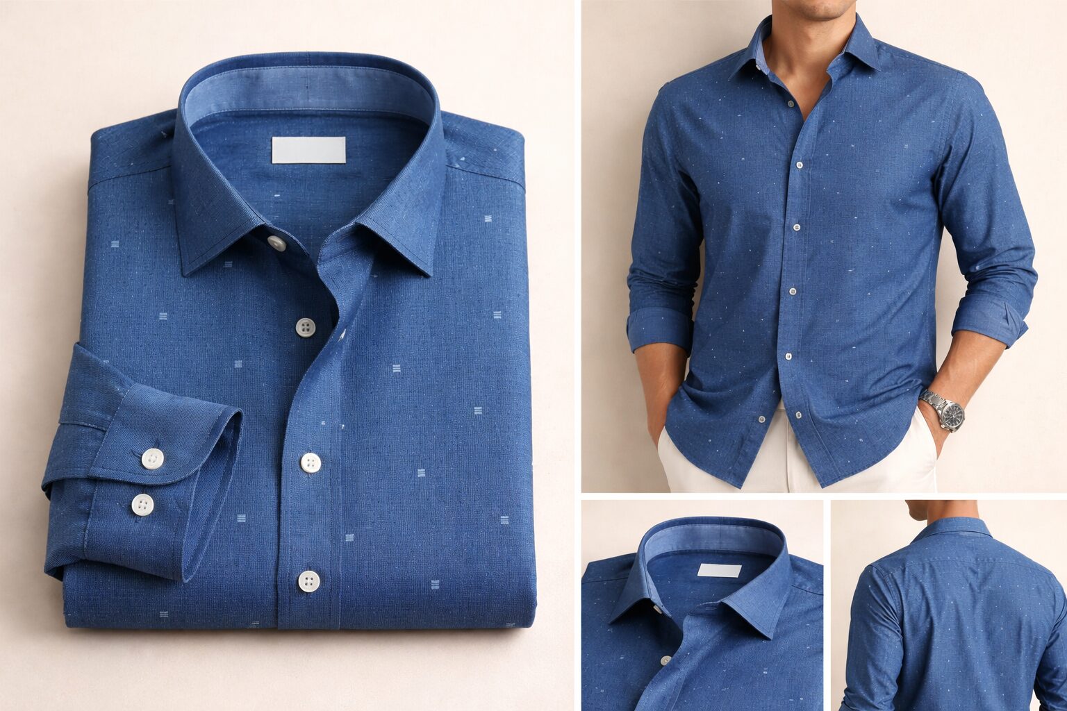Cobalt Blue Chambray Print Cotton Fabric for Shirt - Image 4