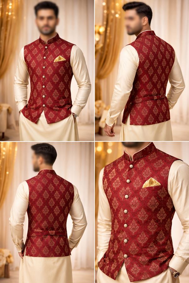 Cherry Red Silk With Self & Gold Motif Embroidery - Image 4