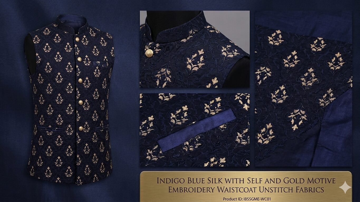 Indigo Blue Silk With Self & Gold Motif Embroidery - Image 4