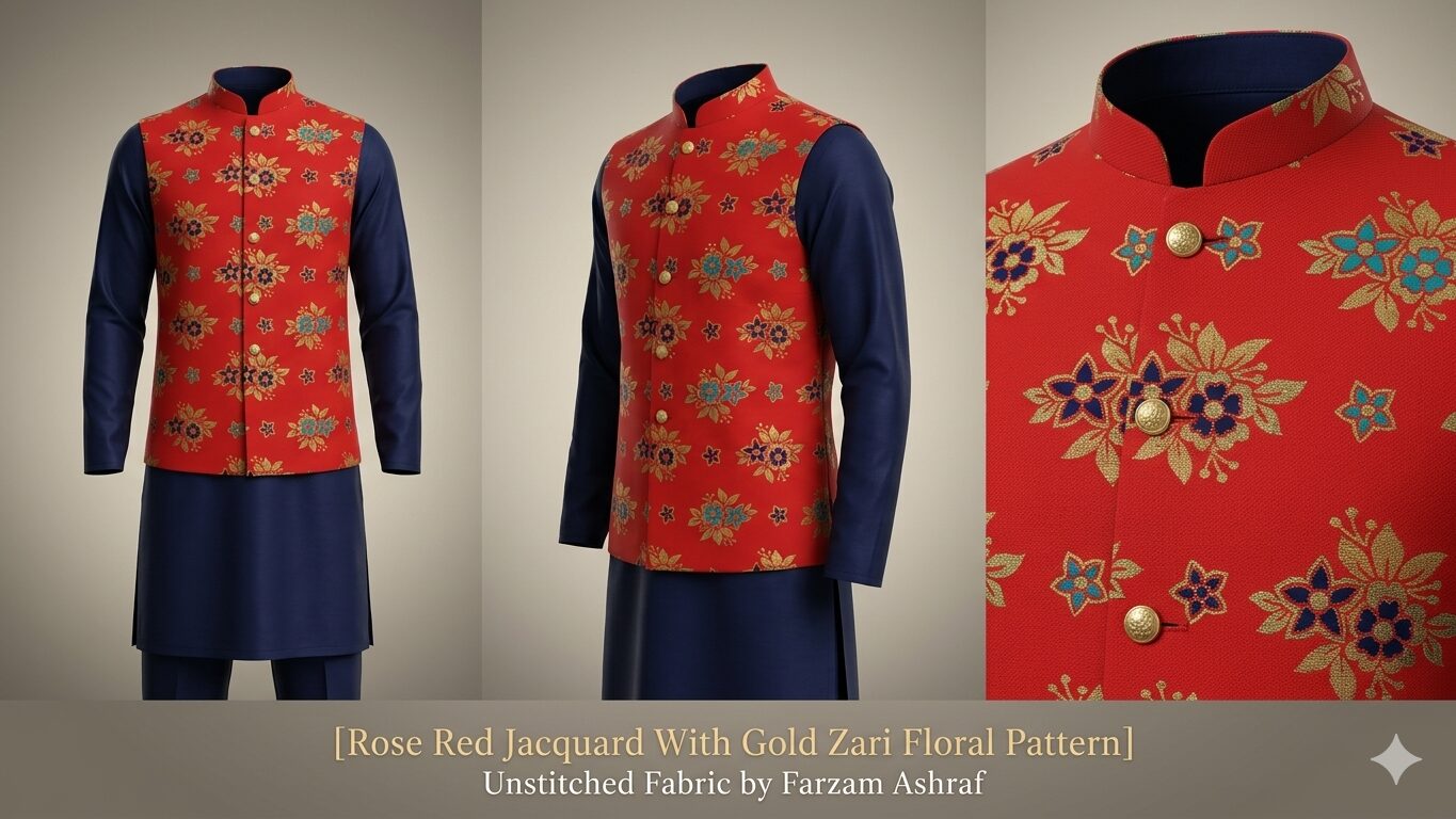 Rose Red Jacquard With Gold Zari Floral Pattern - Image 4