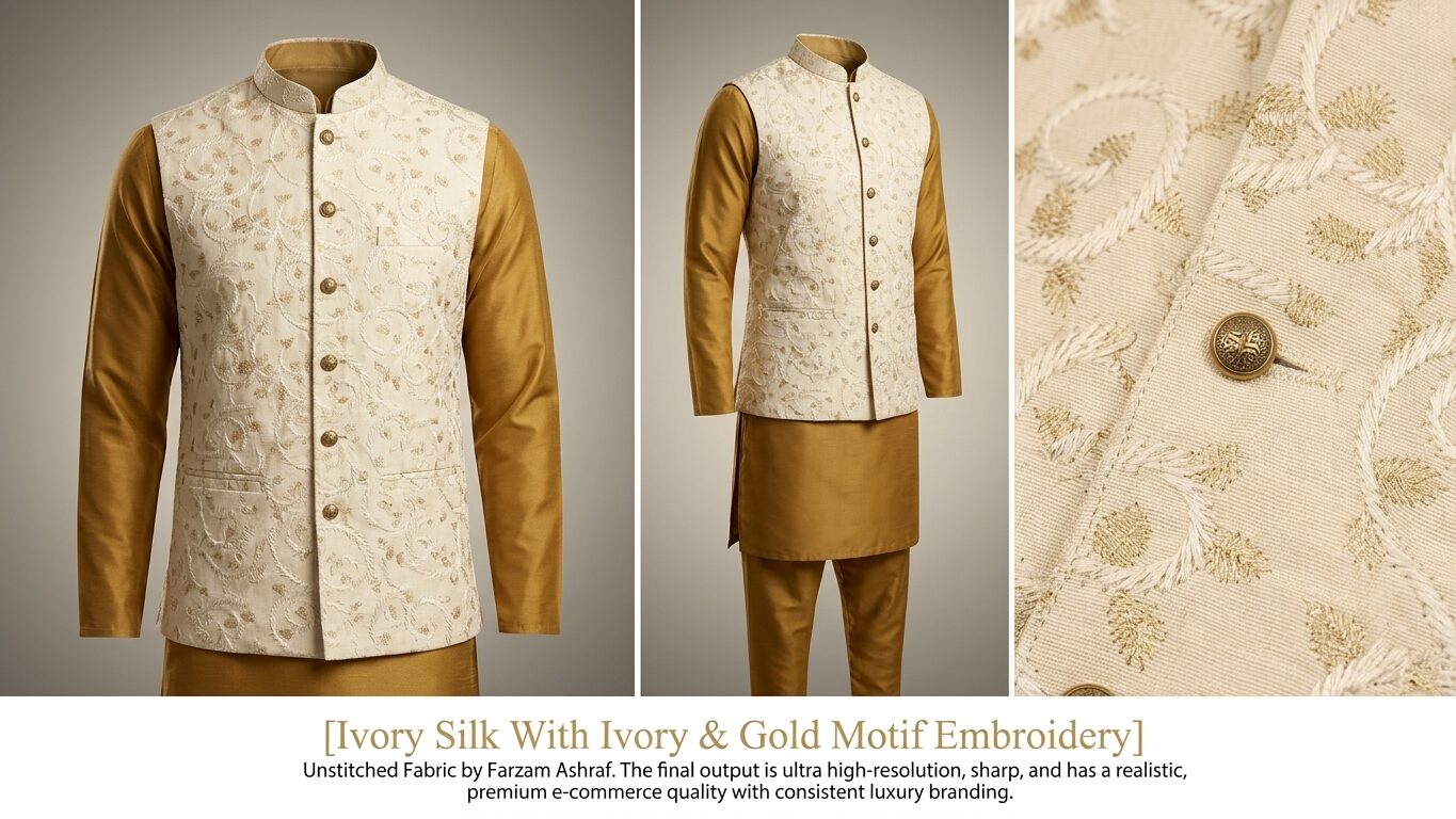 Ivory Silk With Ivory & Gold Motif Embroidery - Image 4