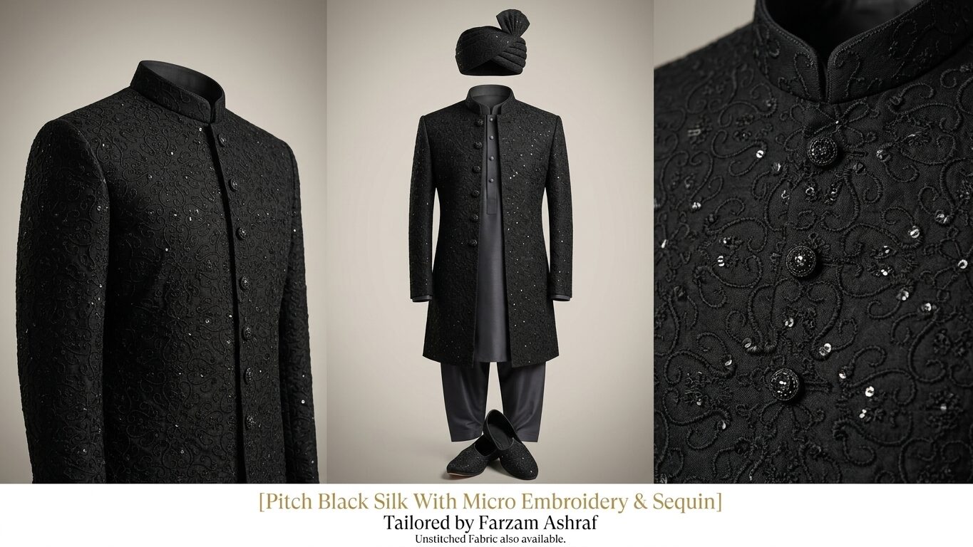 Pitch Black Silk With Micro Embroidery & Sequin - Image 5