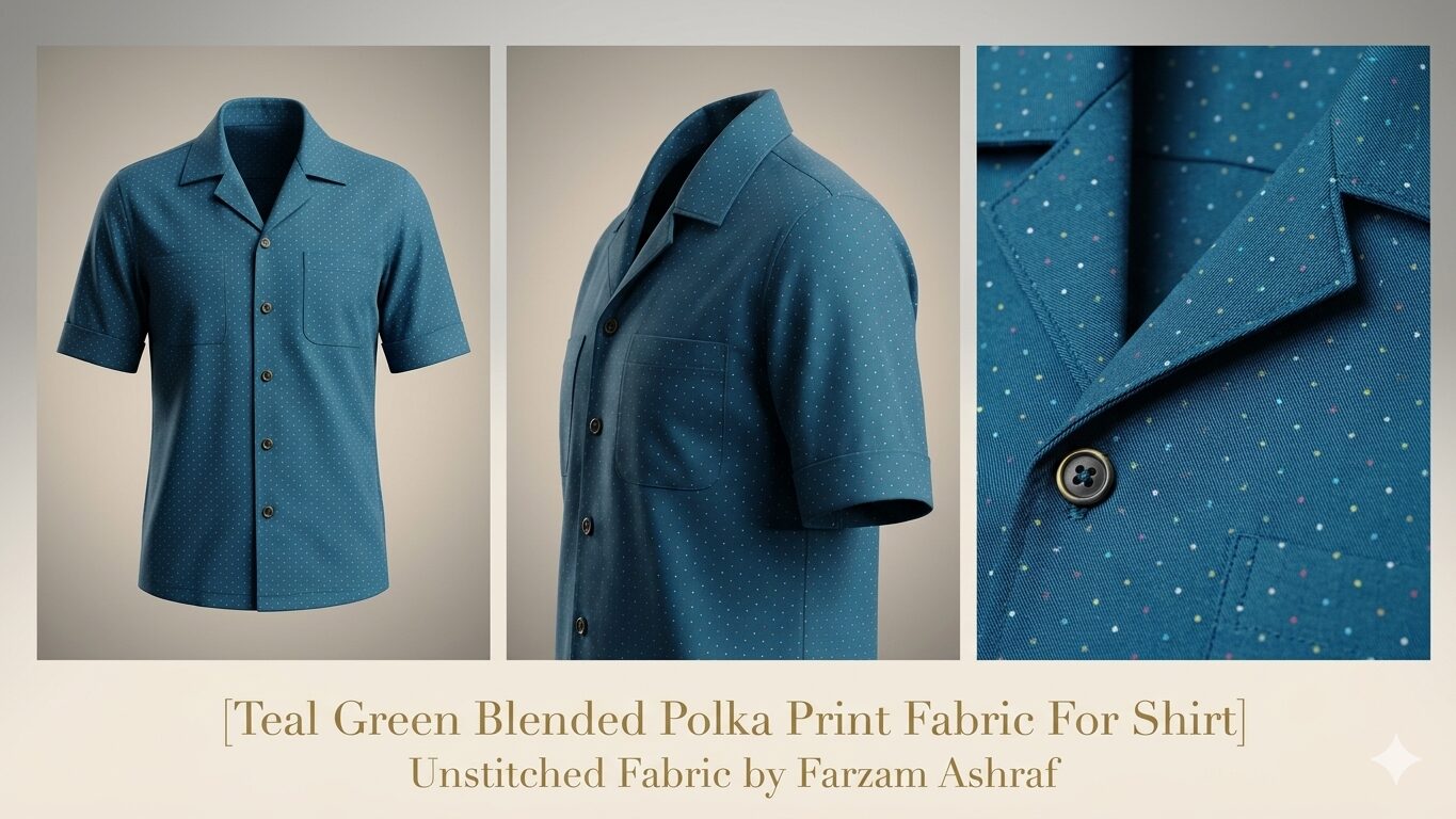 Teal Green Blended Polka Print Fabric For Shirt - Image 3