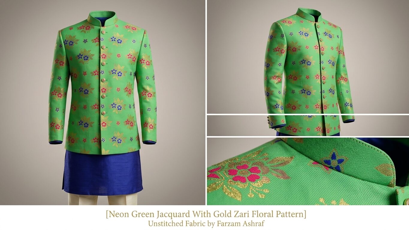 Neon Green Jacquard With Gold Zari Floral Pattern - Image 3