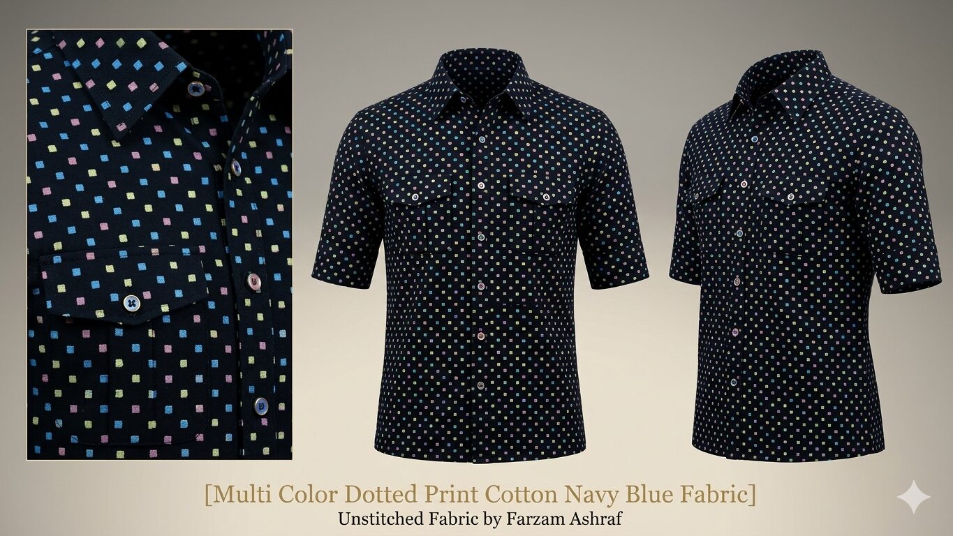 Multi Color Dotted Print Cotton Navy Blue Fabric - Image 3