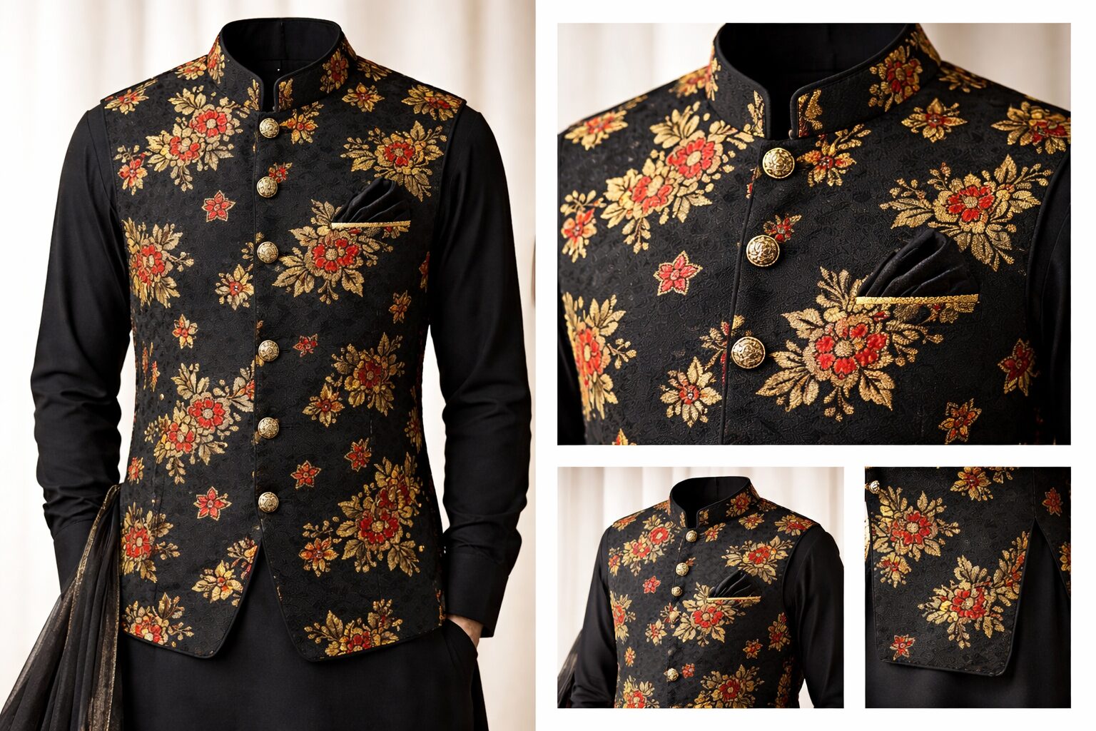 Black Jacquard With Gold Zari Floral Pattern - Image 3